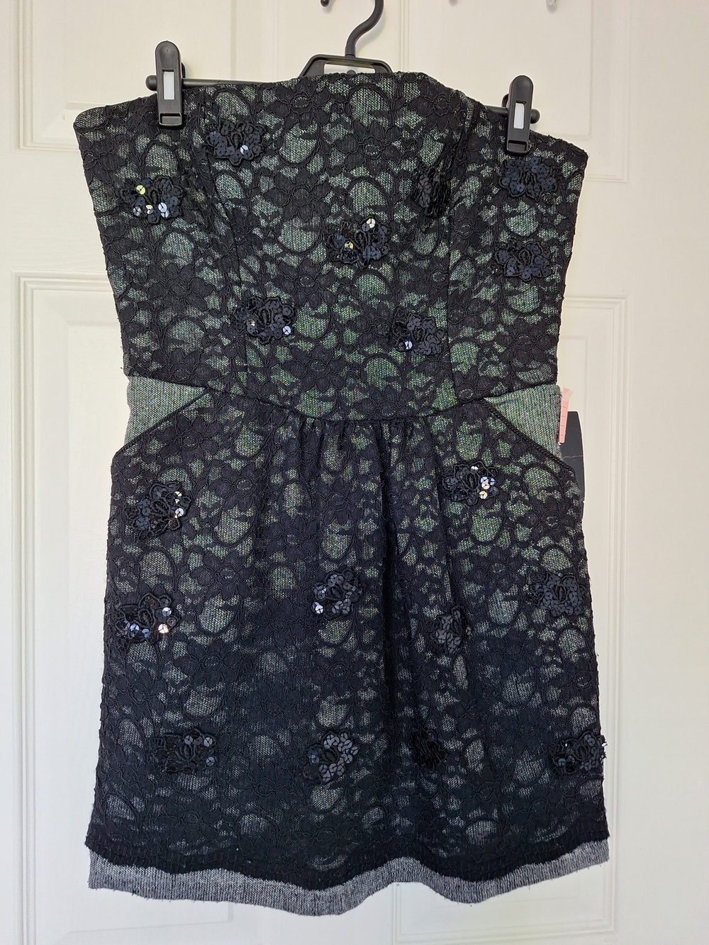 Strapless Black Lace Dress with Grayish Underlay and lace, Sequin Detail
